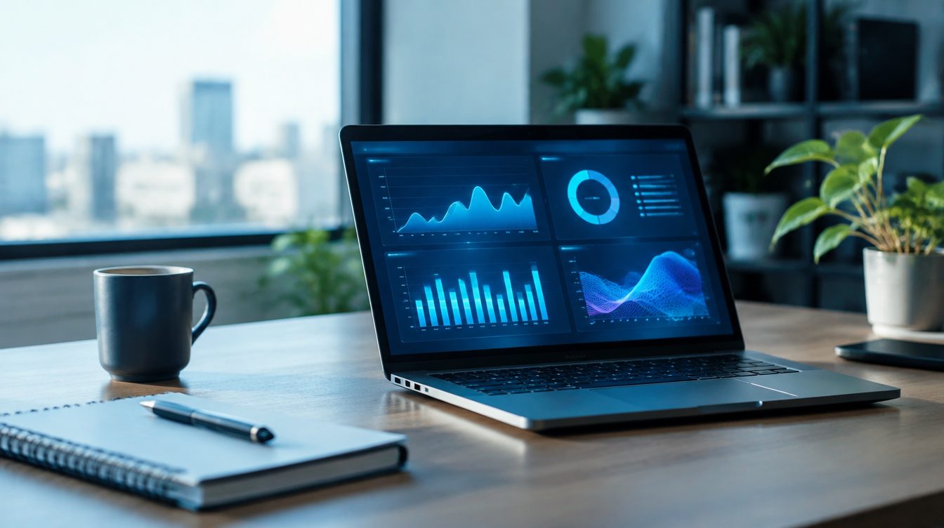 Business owner reviewing financial dashboards on a laptop in a modern office