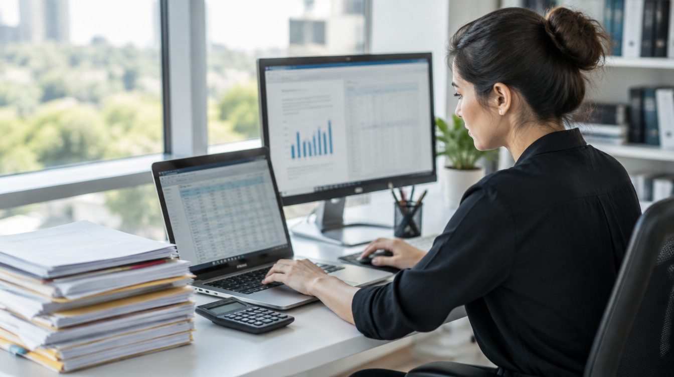 Accountant working on a laptop and a desktop computer side by side