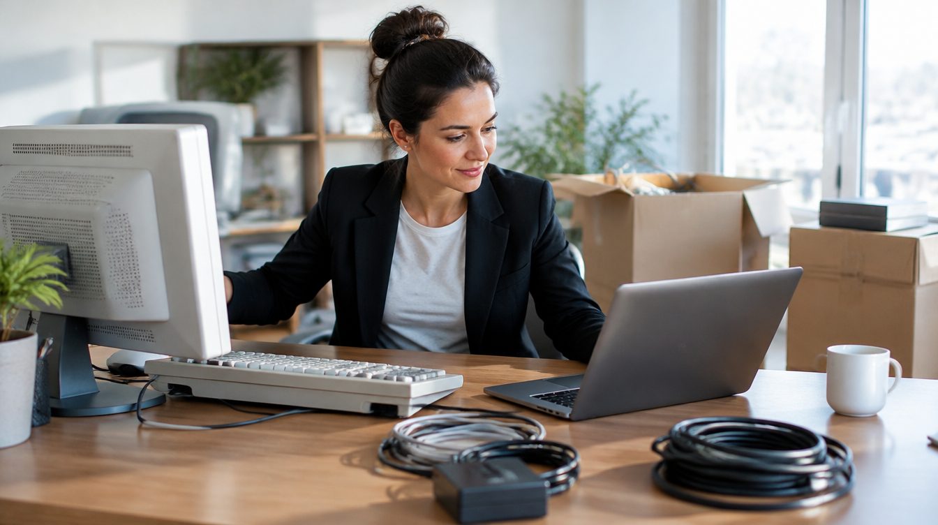Business owner moving from an older desktop computer to a modern laptop