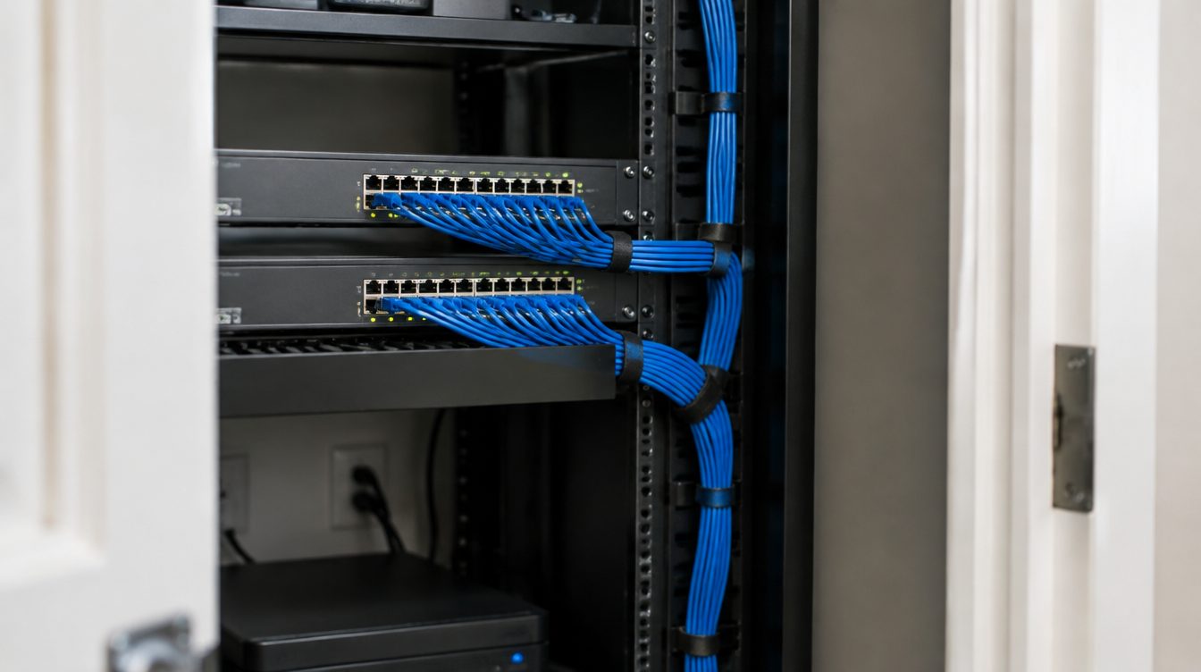 Neatly organized network equipment with blue cables