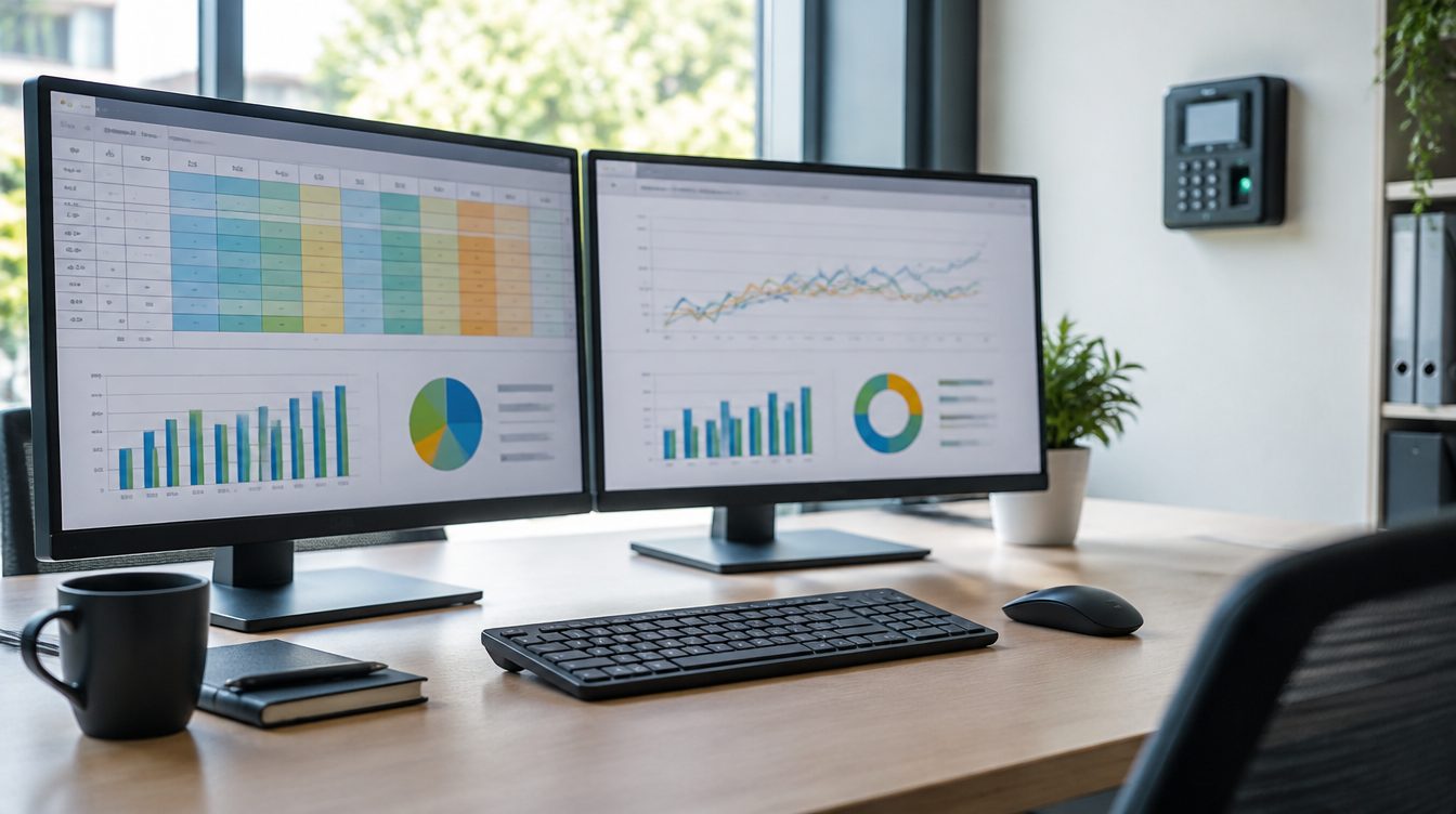 Workspace with two monitors showing data and a wall time clock