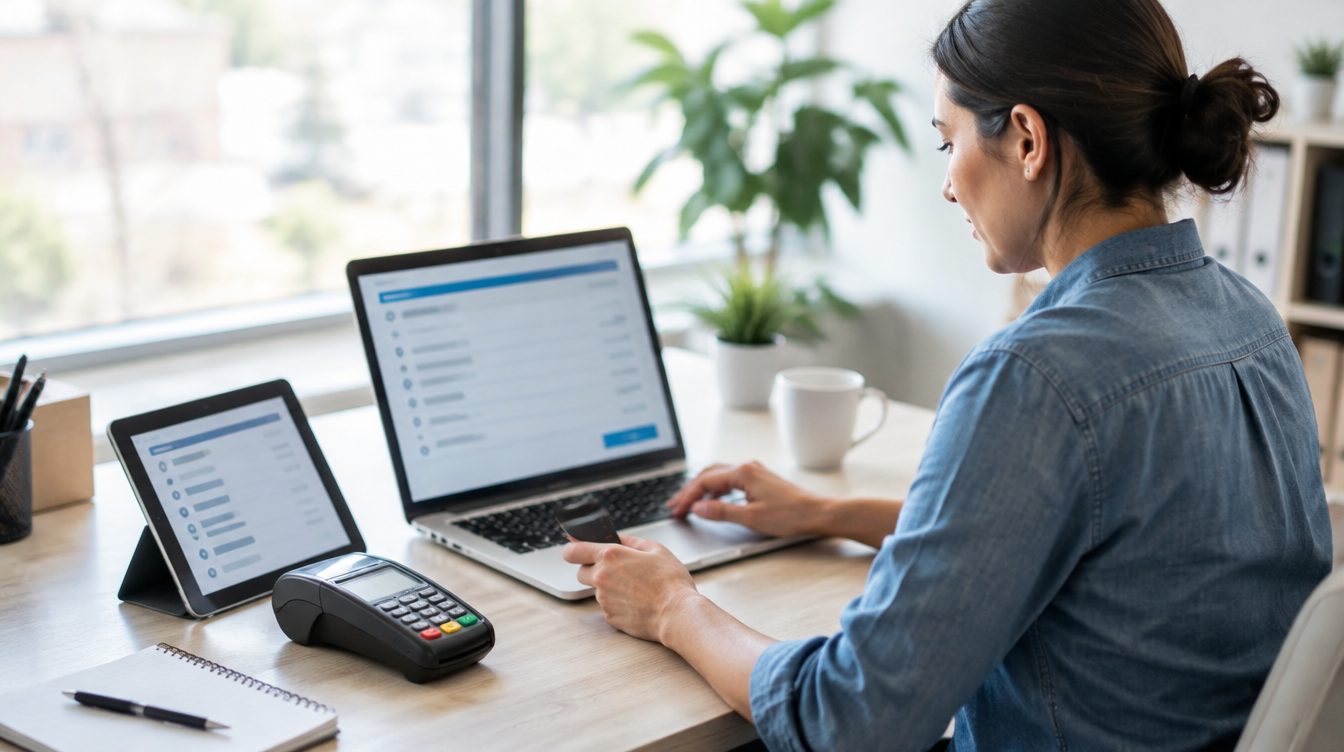 Business owner paying bills online with a laptop and tablet