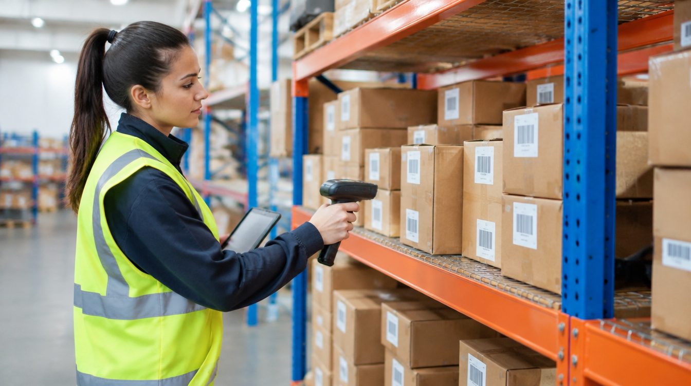 Worker scanning boxed inventory on warehouse shelves