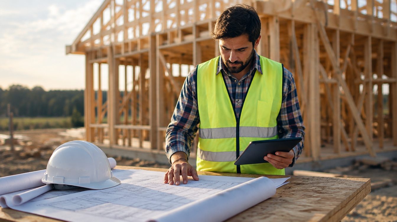 Contractor reviewing plans and a tablet on a building site