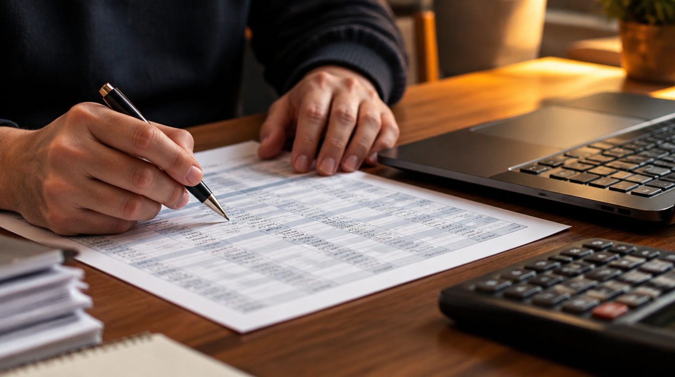 Accountant reviewing a ledger with a laptop and calculator