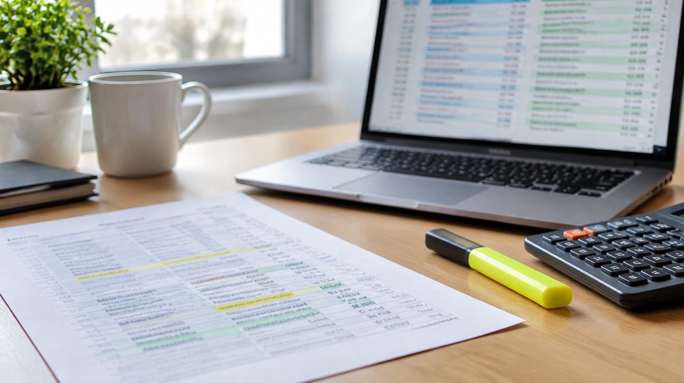 Bank statement and laptop on a tidy desk for reconciliation
