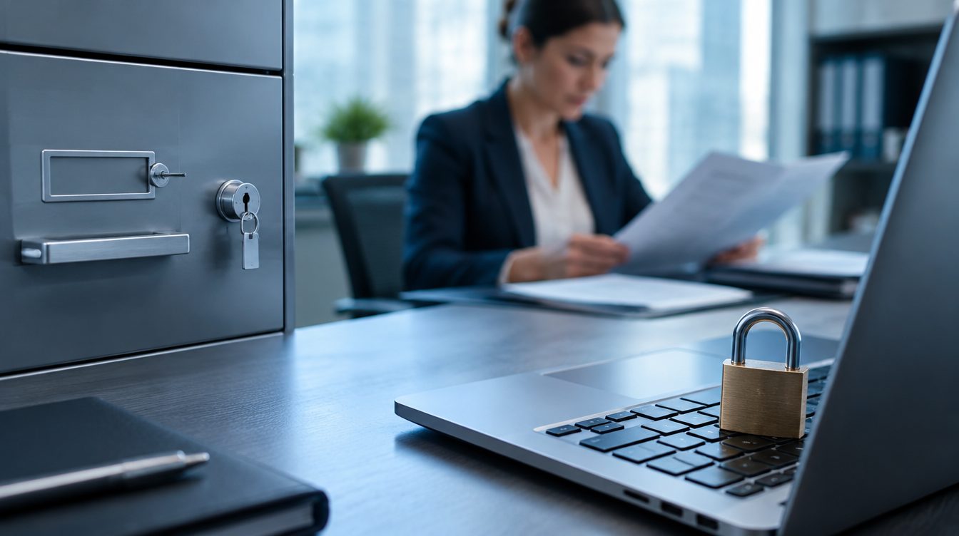 Locked filing cabinet and a padlock on a laptop keyboard