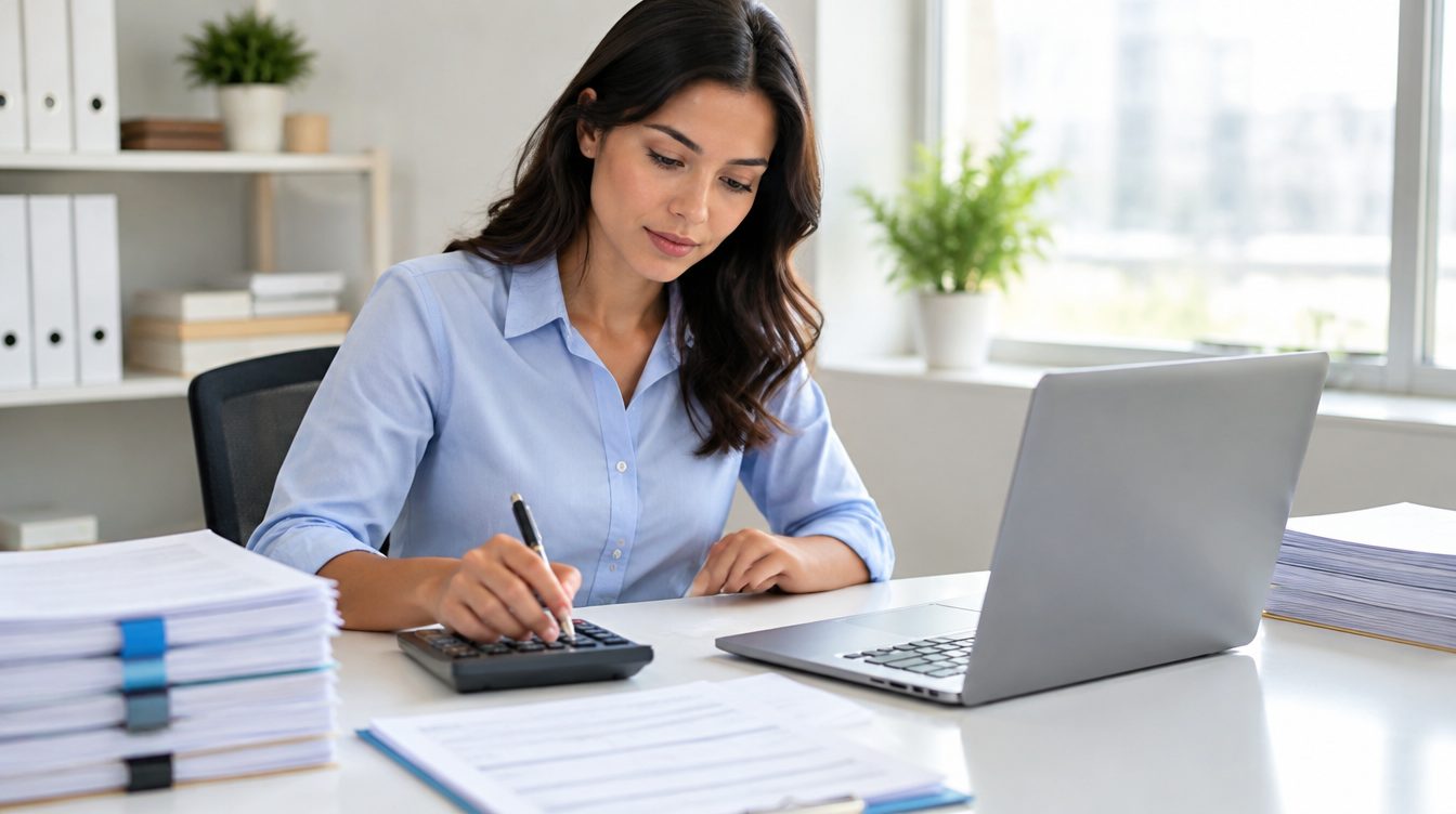 Tax paperwork and a calculator beside a laptop on an office desk