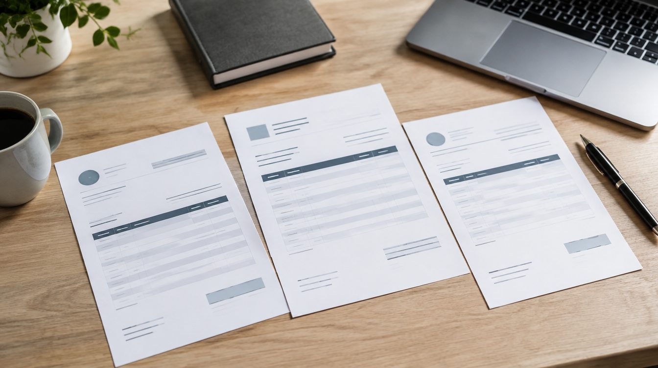 Business owner reviewing printed forms and a laptop at a desk